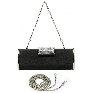 Evening Bag - 12 PCS - Hard Case w/ Rhinestone Accent Flap Closure - Black - BG-M1023SL-BK